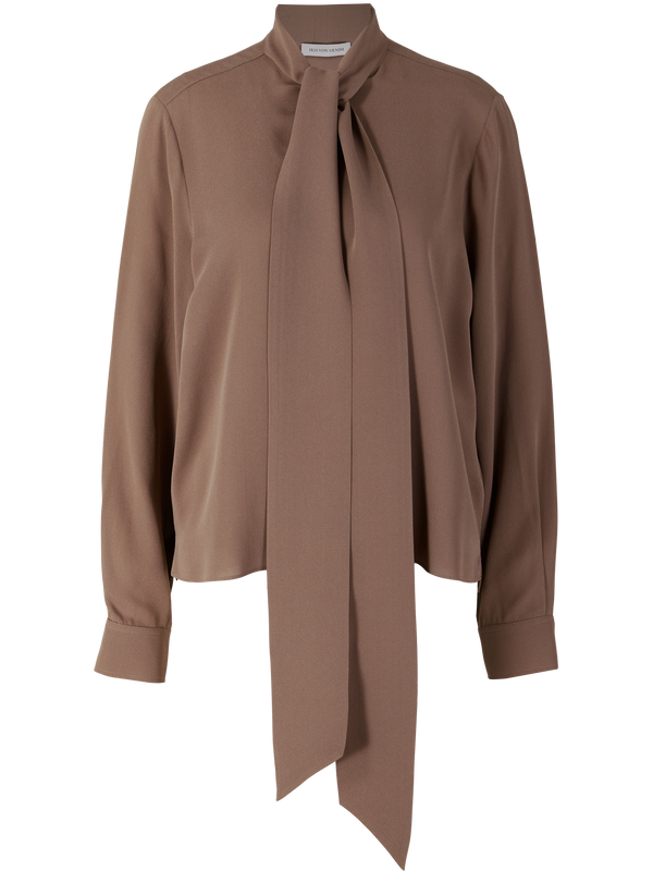 'Samara' silk bow-neck blouse in taupe