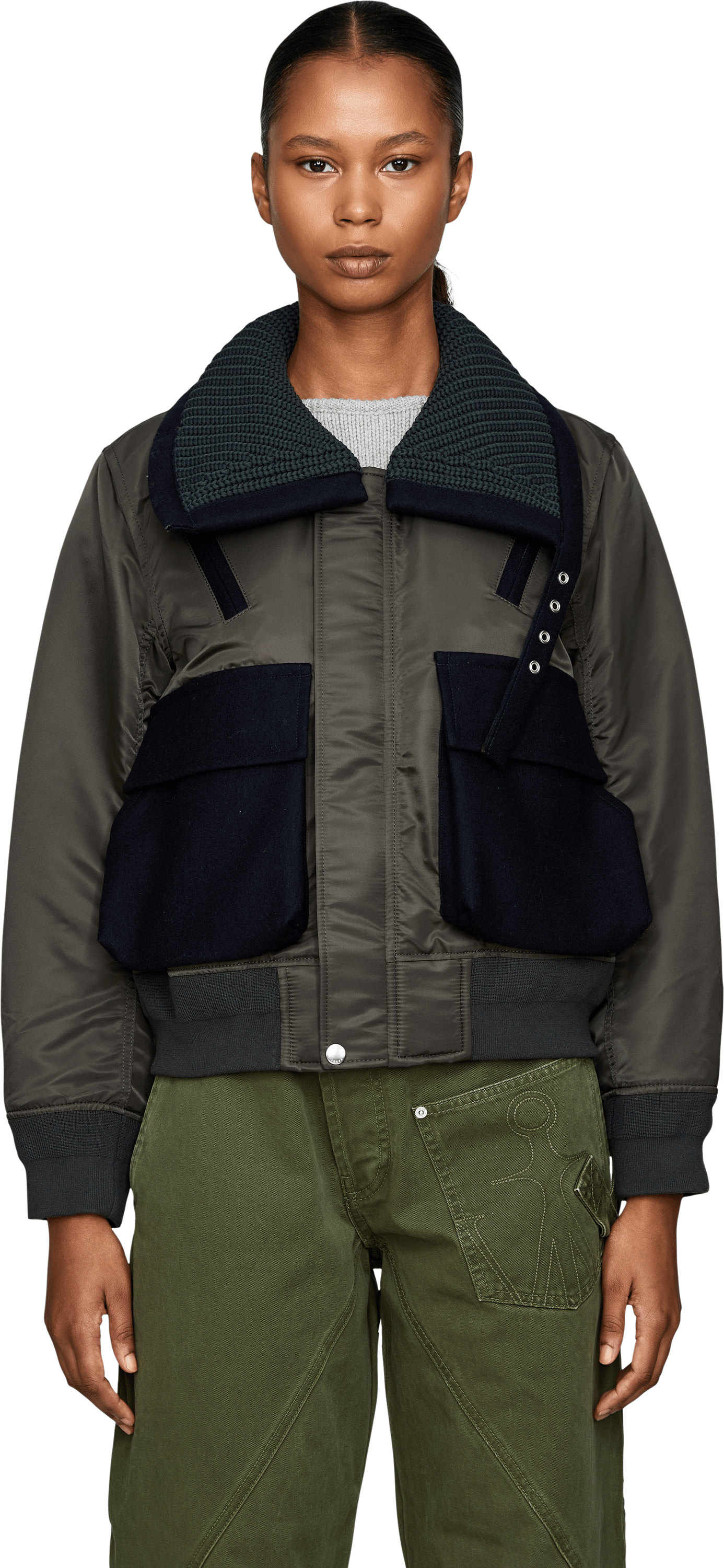 Sacai Blouson 'Nylon Twill X Wool Melton' Khaki, Frontansicht – UNGER.DE