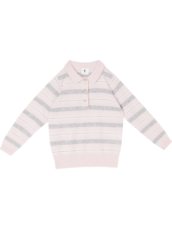 Gestreifter Cashmere-Polopullover Rosé/Silver Melange/Cloud Dance