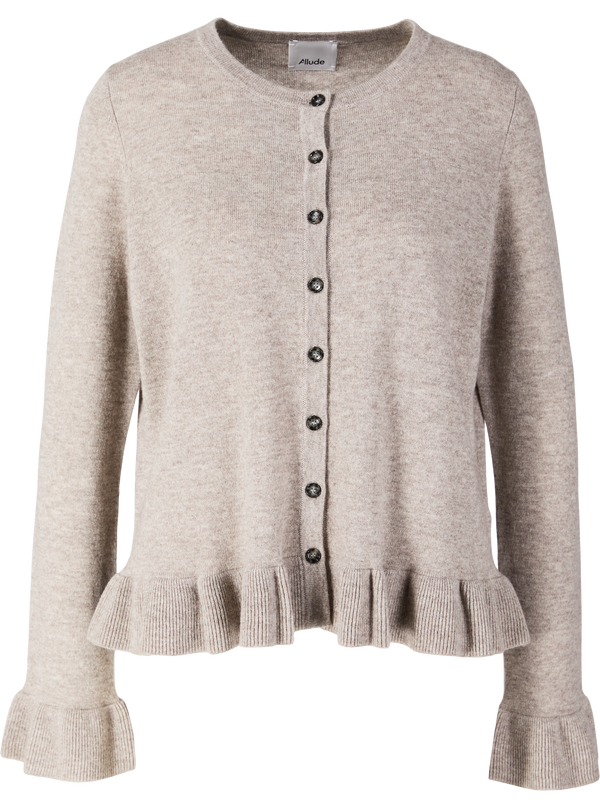 Wool-cashmere cardigan with flounces taupe