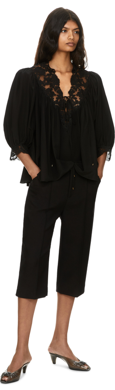 Fließende Bluse aus Crêpe de Chine und Spitze Schwarz
