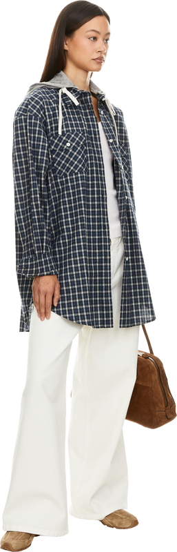 Navy blue checked shirt with a hood