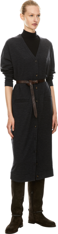 Dress made from virgin wool with a leather belt in charcoal grey