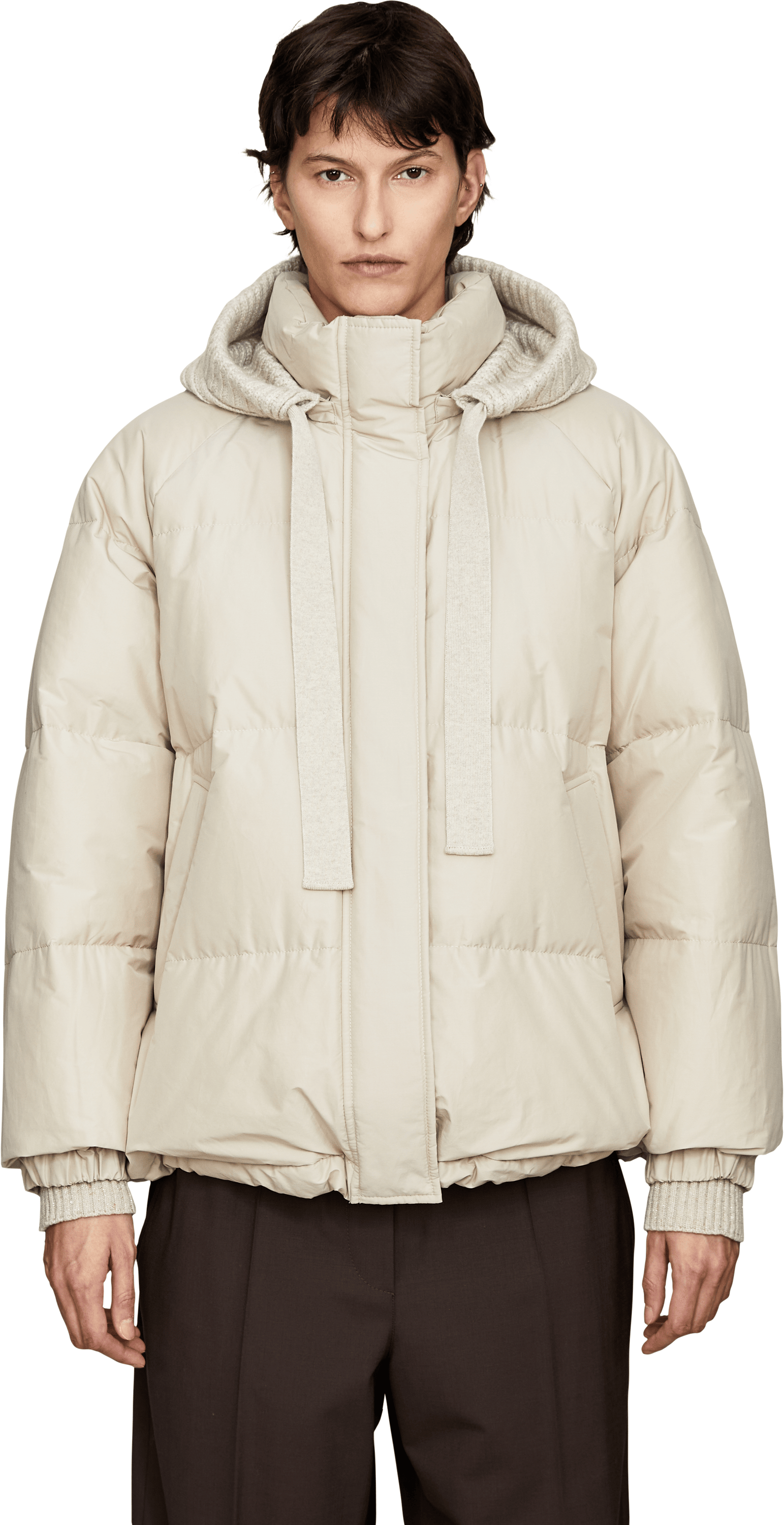Brunello Cucinelli Quilted down jacket with cashmere trim – beige, Front view – UNGER.DE