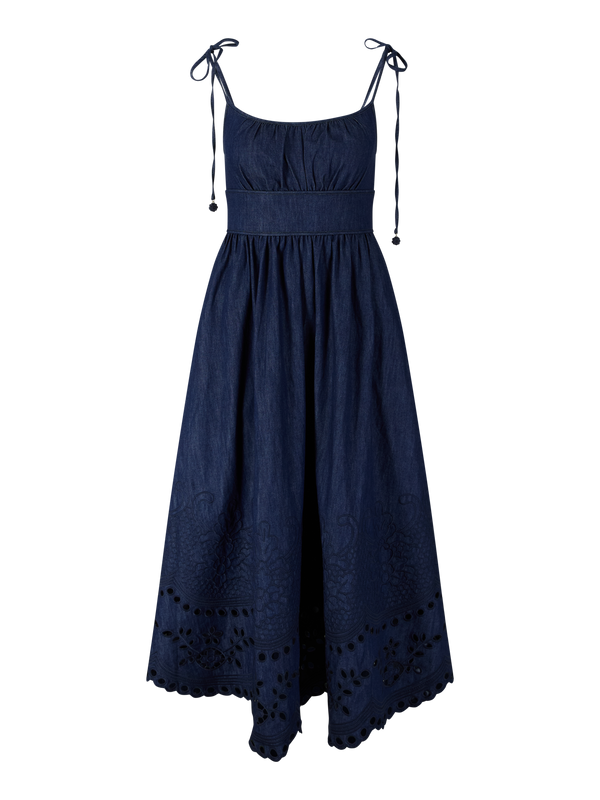 'Mahon Broderie Denim' midi dress, navy blue