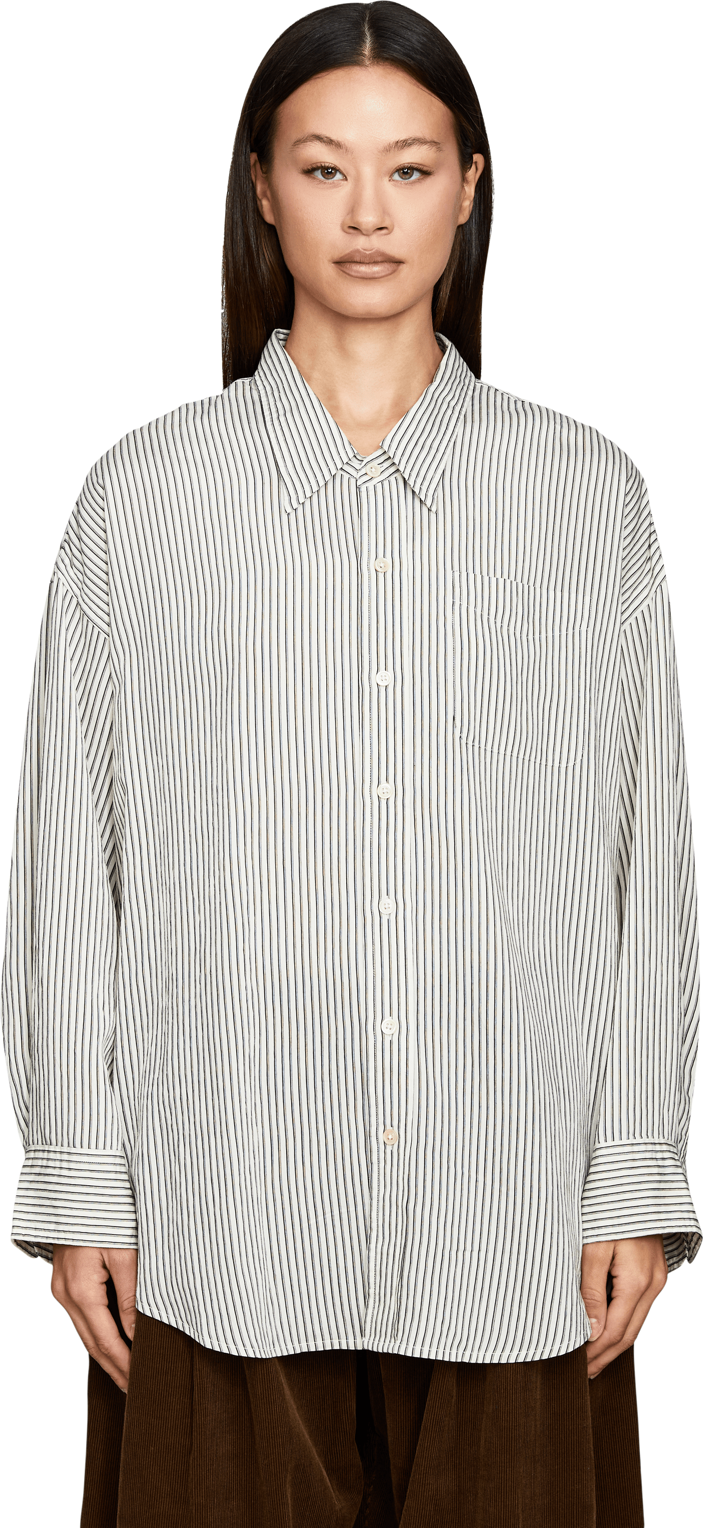 R13 Striped shirt with a deep collar – white, Front view – UNGER.DE