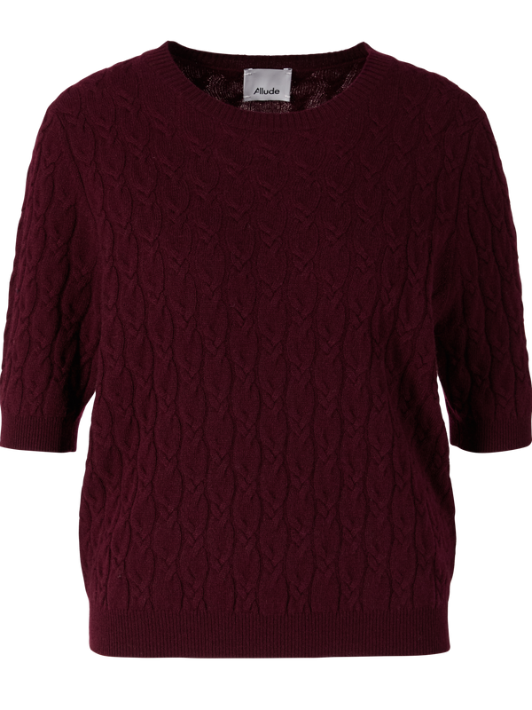 Short-sleeved cashmere jumper with cable knit pattern bordeaux
