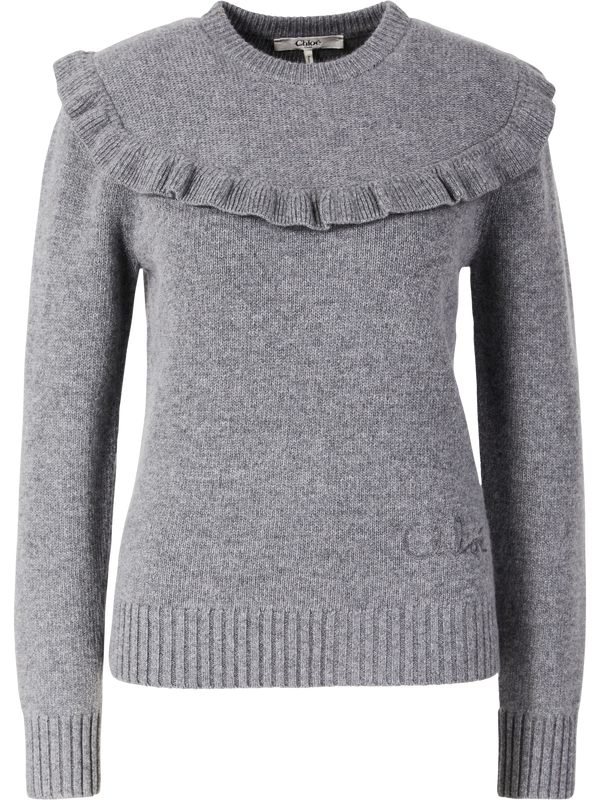 Woll-Cashmere-Pullover mit Rüschen Grau