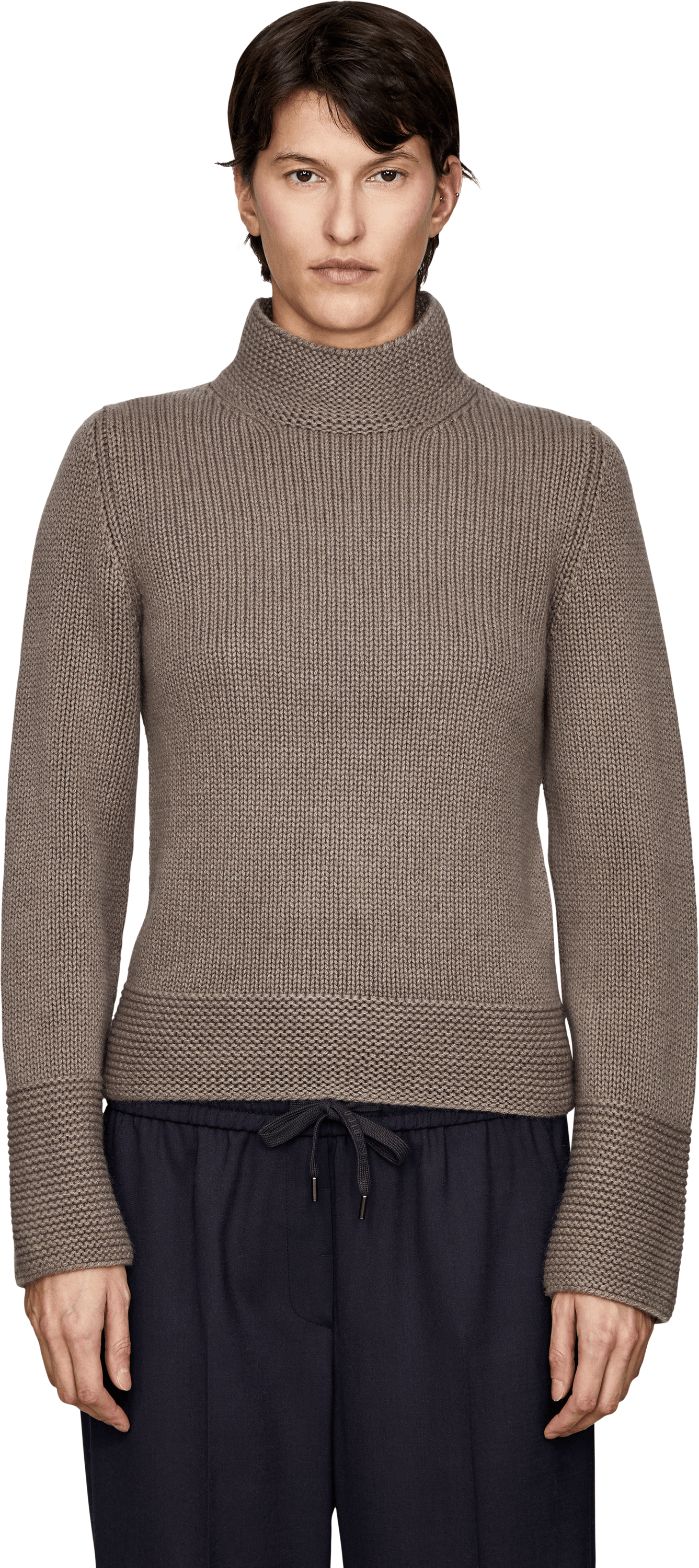 Iris von Arnim 'Paily' cashmere jumper with stand-up collar, taupe, stonewashed, Front view – UNGER.DE