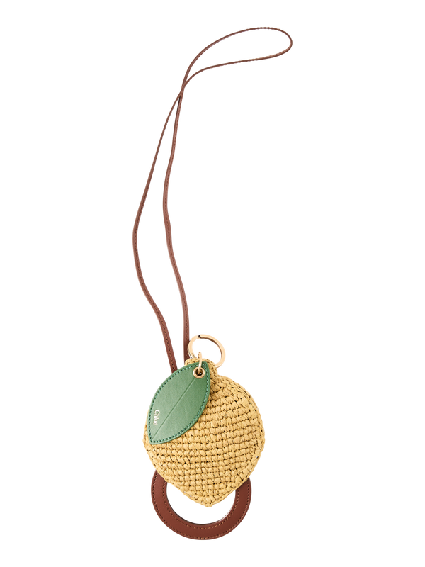 Spiegel-Anhänger aus Kalbsleder und Raffia Gelb