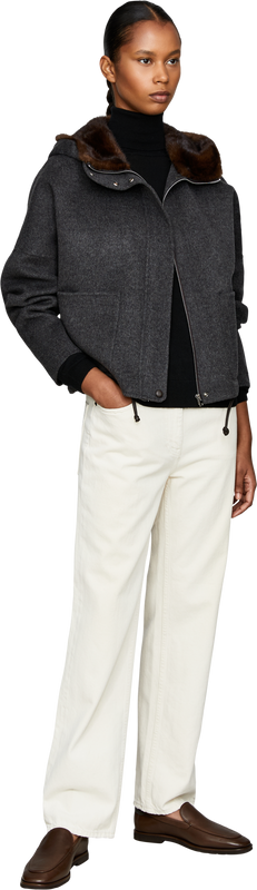 Wool-cashmere jacket with fur hood dark grey 