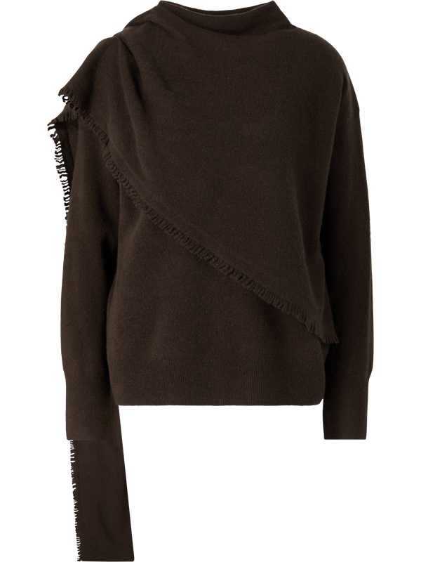 Wool and cashmere jumper with fringed scarf – dark brown