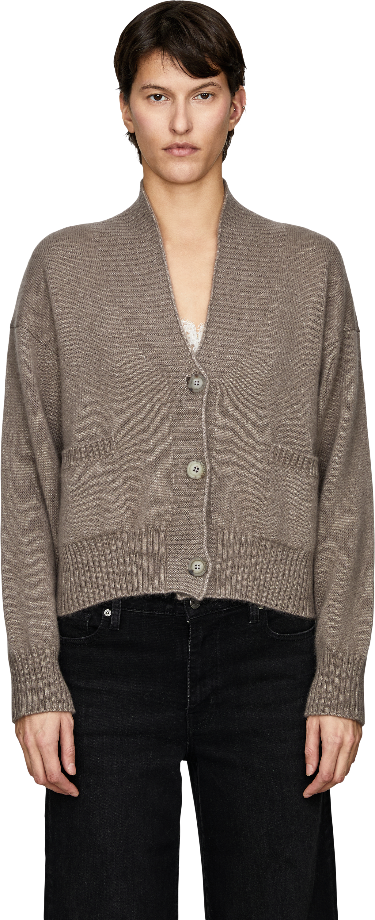Iris von Arnim Cashmere-Seidenstrickjacke 'Kristana' Taupe, Front view – UNGER.DE