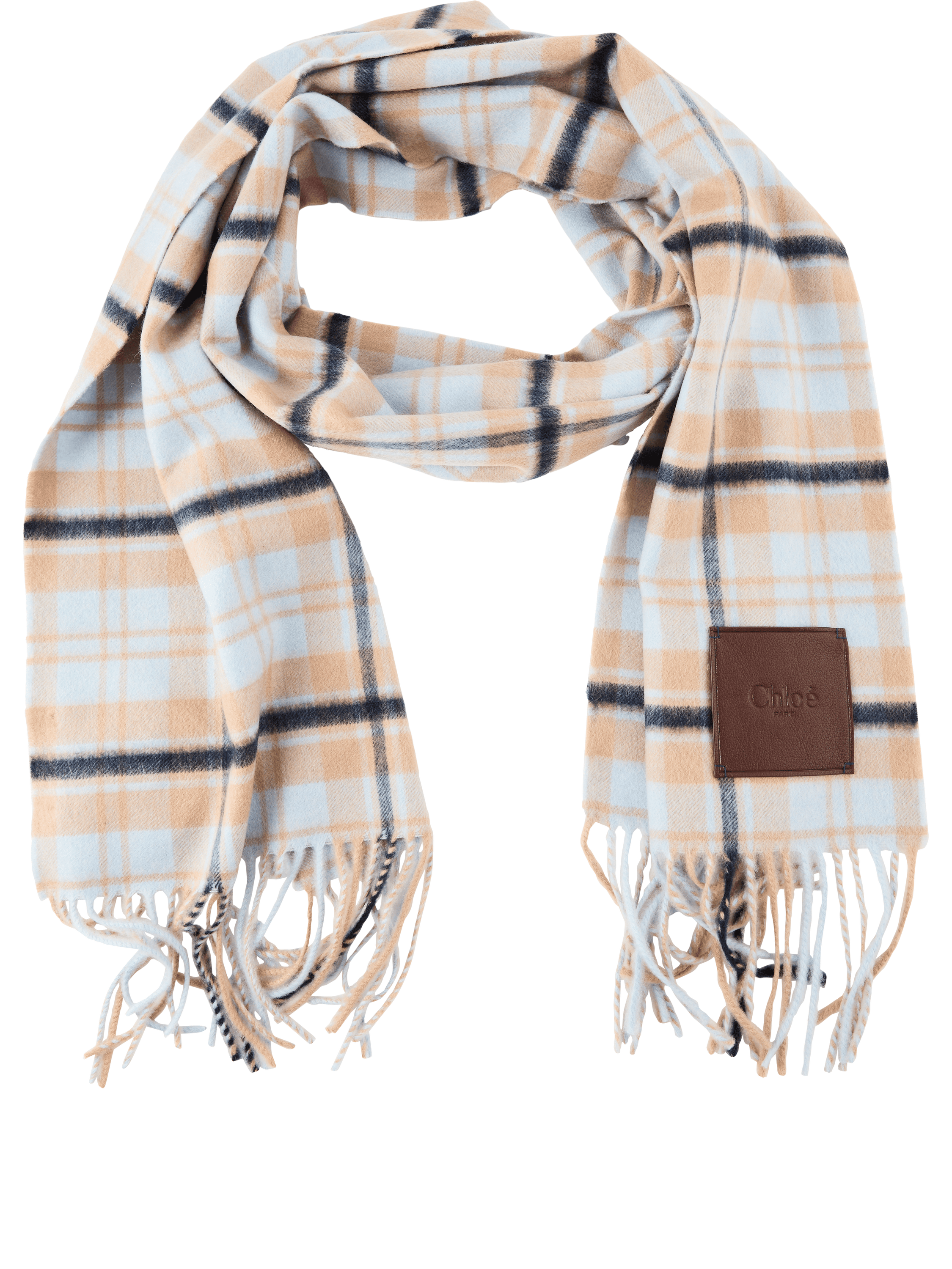 Chloé Karierter Cashmere-Schal Beige/Hellblau, Frontansicht – UNGER.DE