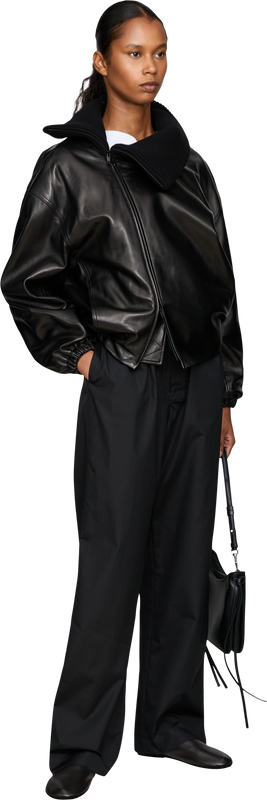 Lederjacke mit Rippstrickkragen Schwarz