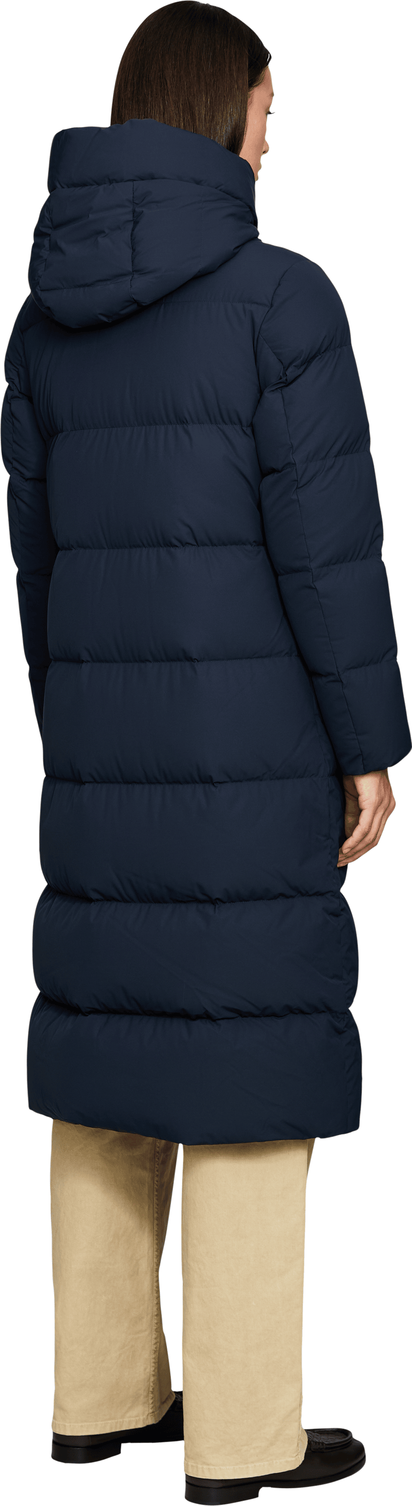 Woolrich Daunenmantel 'Madison Long' mit Kapuze Marineblau, Rückansicht – UNGER.DE