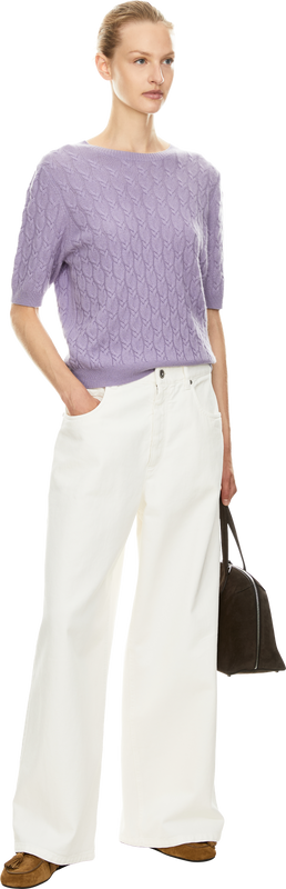 Short-sleeved cashmere jumper with cable knit pattern lilac
