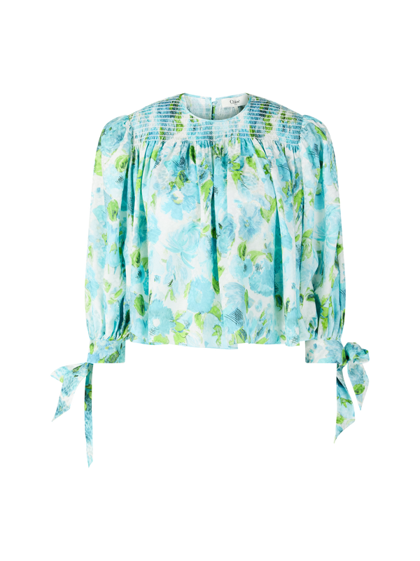 Florale Cropped-Bluse aus Seidenjacquard Petrol