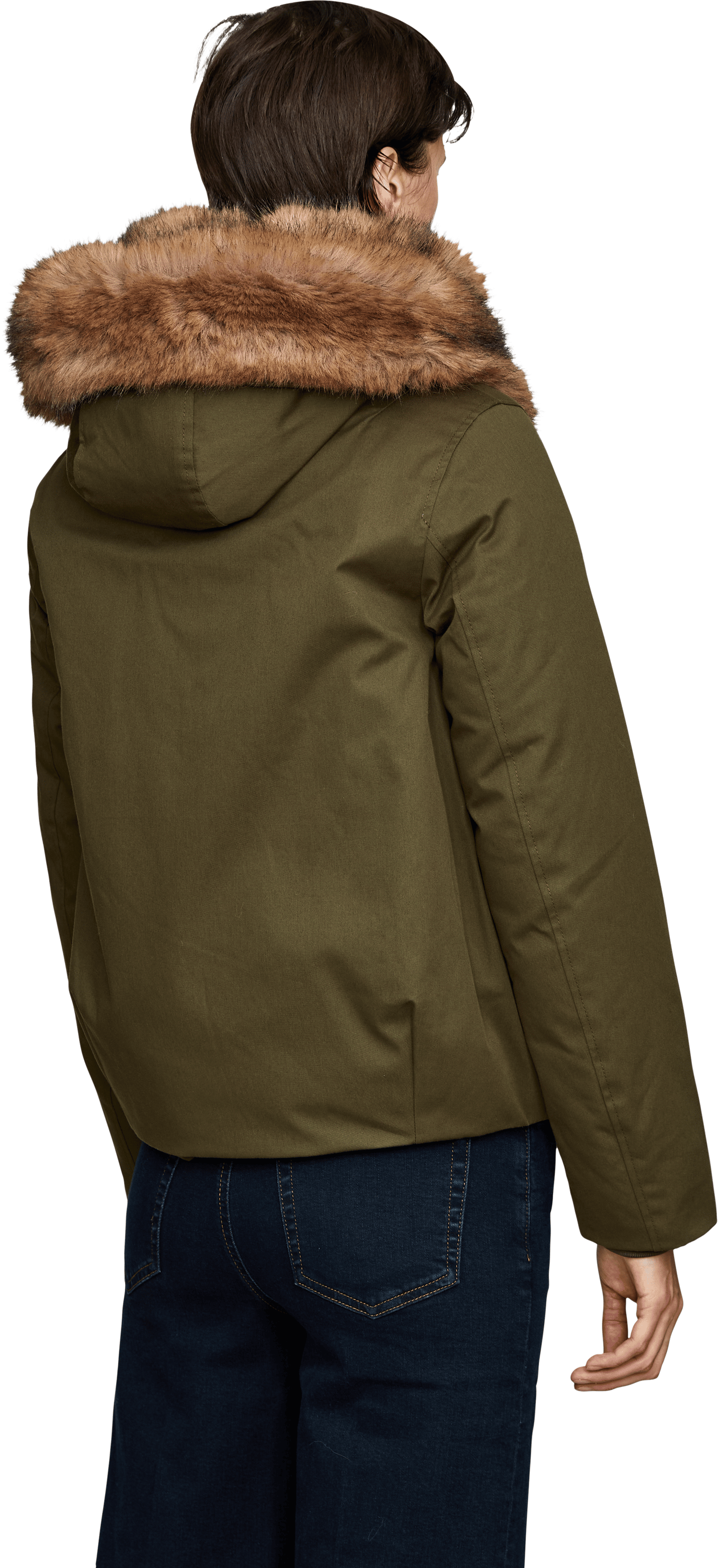 Woolrich Kurze Daunenjacke mit Kapuze Olivgrün, Rückansicht – UNGER.DE
