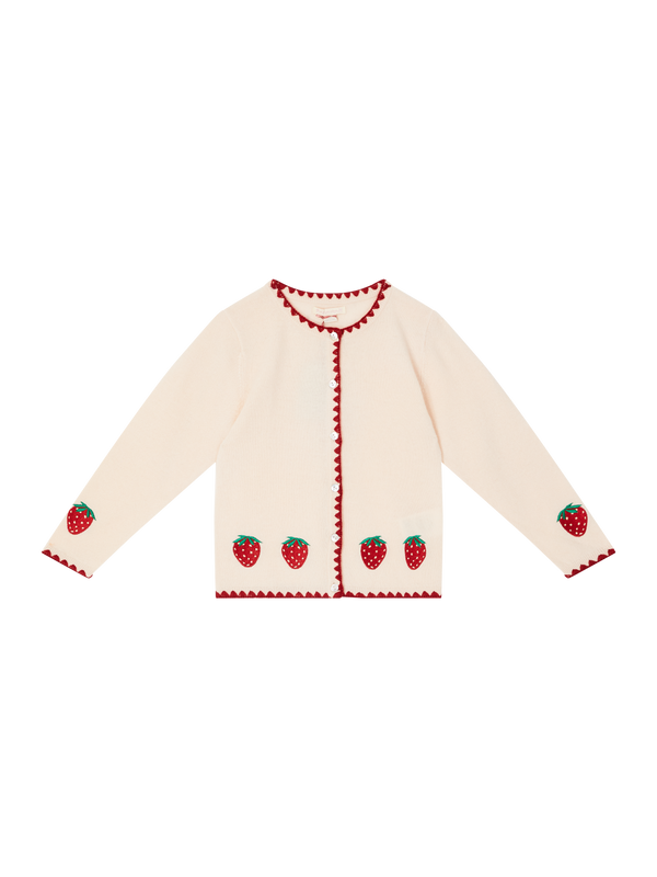 Wollstrickjacke mit Erdbeer-Stickerei Rosé