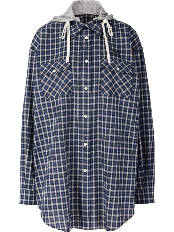 Navy blue checked shirt with a hood