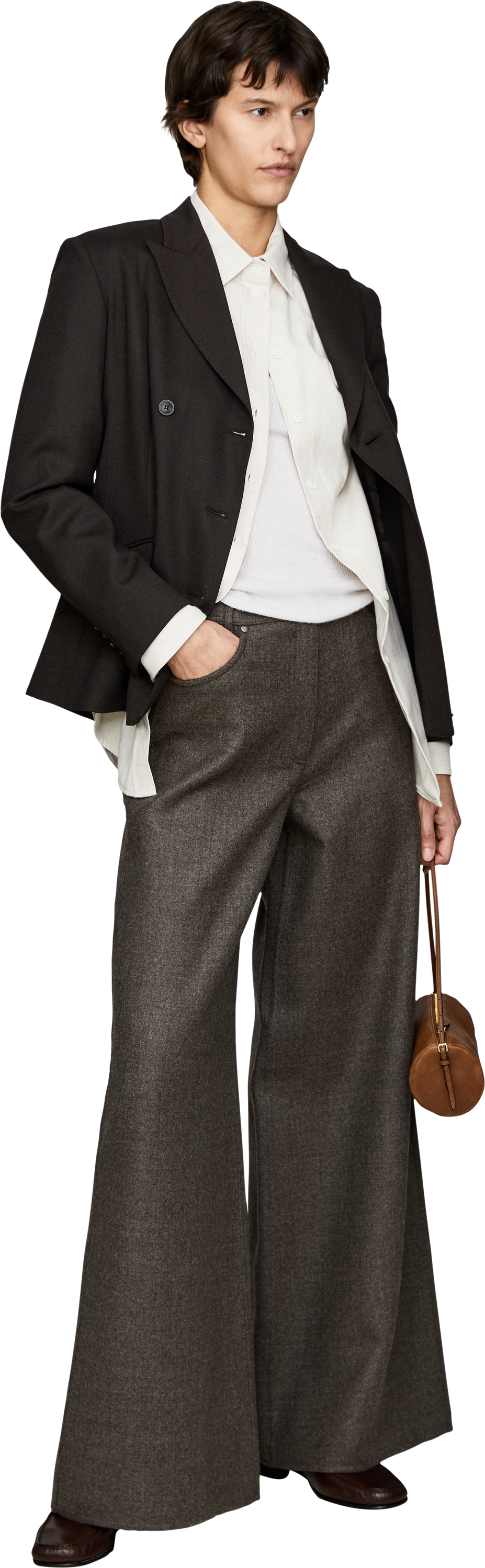 Max Mara Hose 'Gennaio' mit weitem Bein aus Filzwolle Graubraun, Modelansicht – UNGER.DE