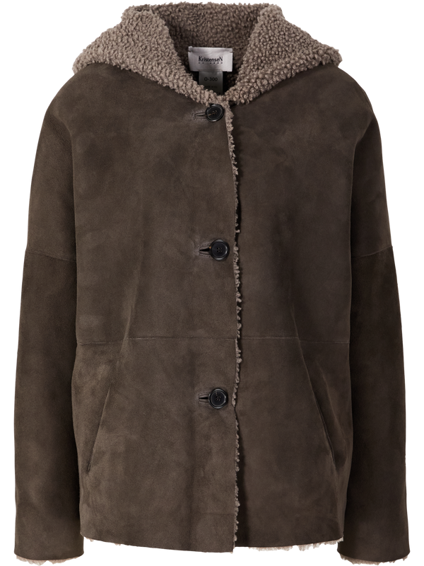 Reversible lambskin jacket with hood dark brown