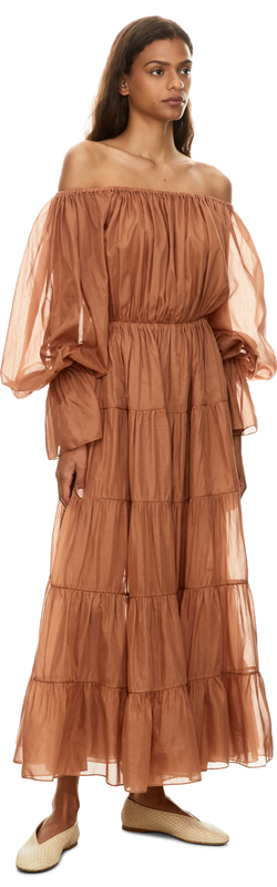 'Beatrice' Off-the-Shoulder Dress – Brown