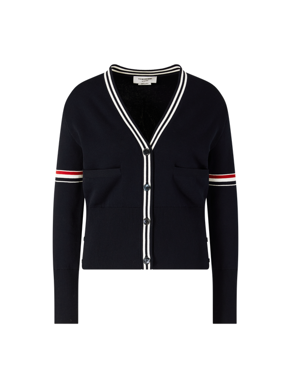 Cardigan with a sailboat intarsia pattern in navy blue