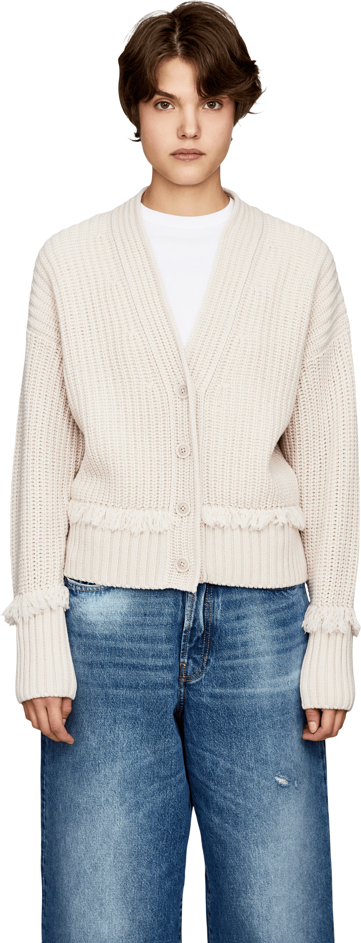 Iris von Arnim Philipa Fringes’ ‘Alabaster’ cashmere cardigan, Front view – UNGER.DE