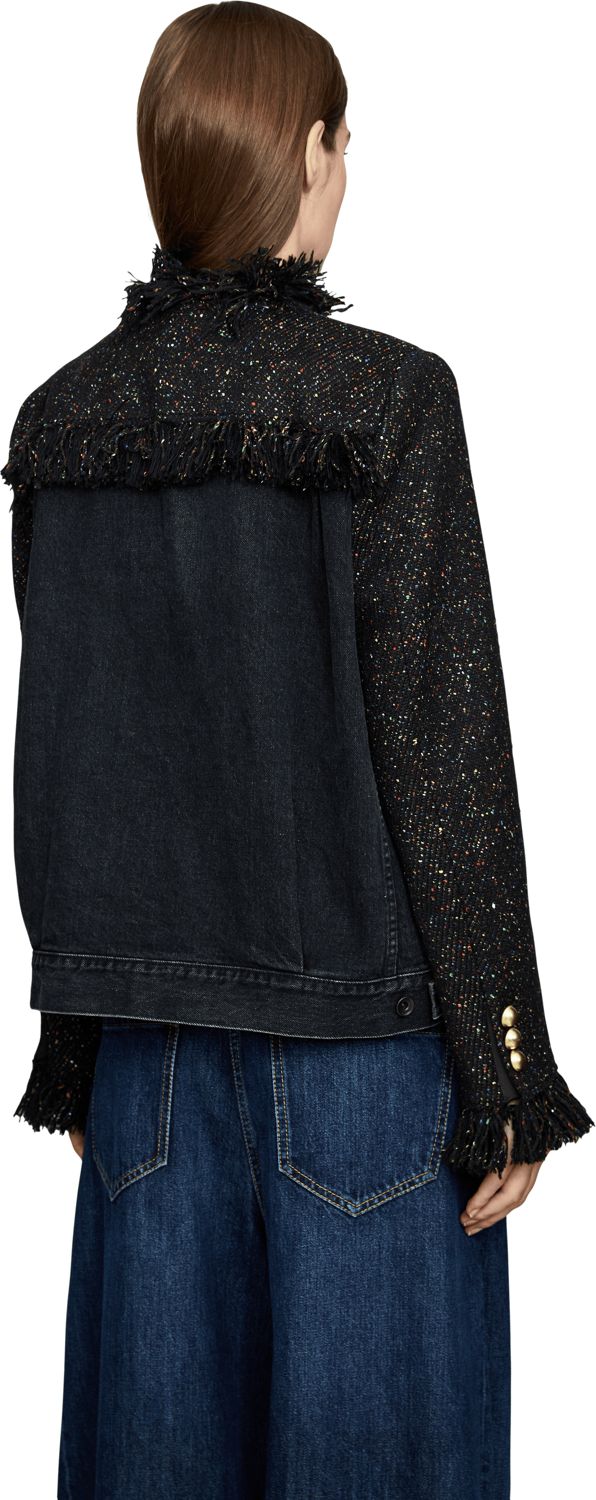 Sacai Gefranste Tweedjacke mit Denim-Details Schwarz, Rückansicht – UNGER.DE