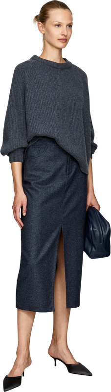 Cashmere-cotton midi skirt with denim look dark blue