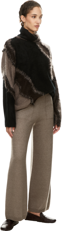 'Tinaja' jumper in brushed cashmere with a stand-up collar in Nero/Taupe