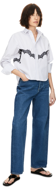 Gestreiftes Hemd aus Popeline mit Spitze Weiß