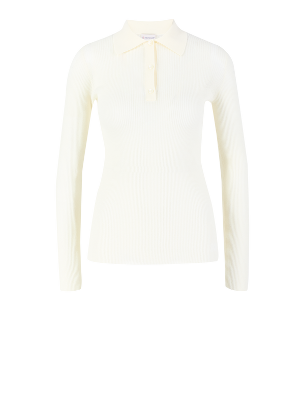 Geripptes Langarmshirt mit Polokragen Crème