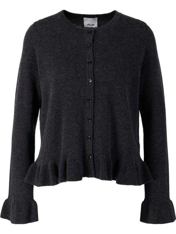 Wool and cashmere cardigan with flounces, anthracite