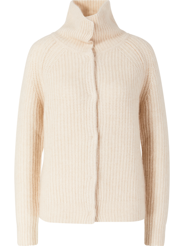Beige cashmere cardigan with a stand-up collar