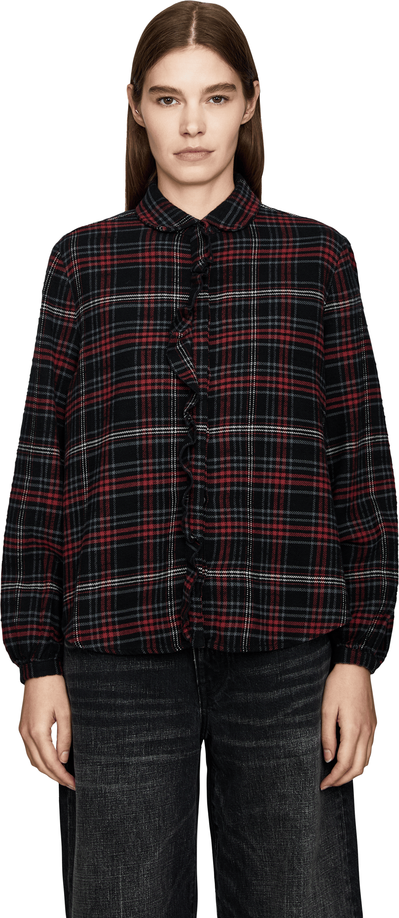 R13 Cropped Bluse 'Shrunken Ruffle' mit Rüschen Schwarz, Frontansicht – UNGER.DE