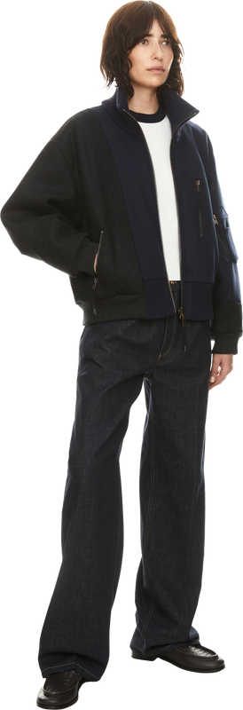 Patchwork bomber jacket in wool navy blue/dark grey