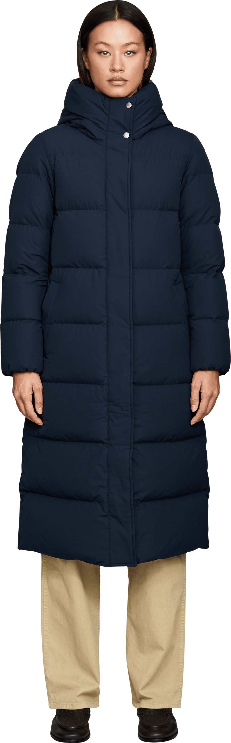 Woolrich Daunenmantel 'Madison Long' mit Kapuze Marineblau, Frontansicht – UNGER.DE