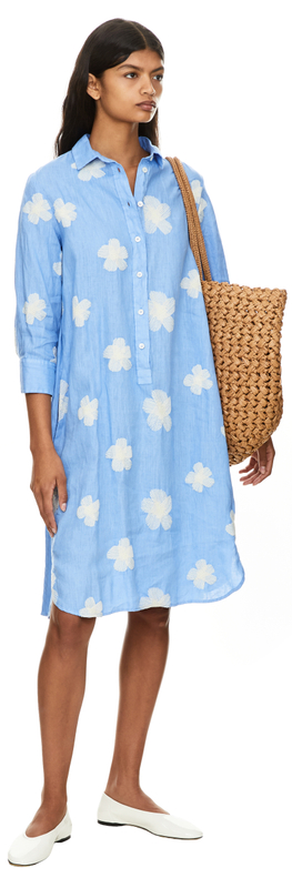 Besticktes Hemdkleid aus Leinen Hellblau