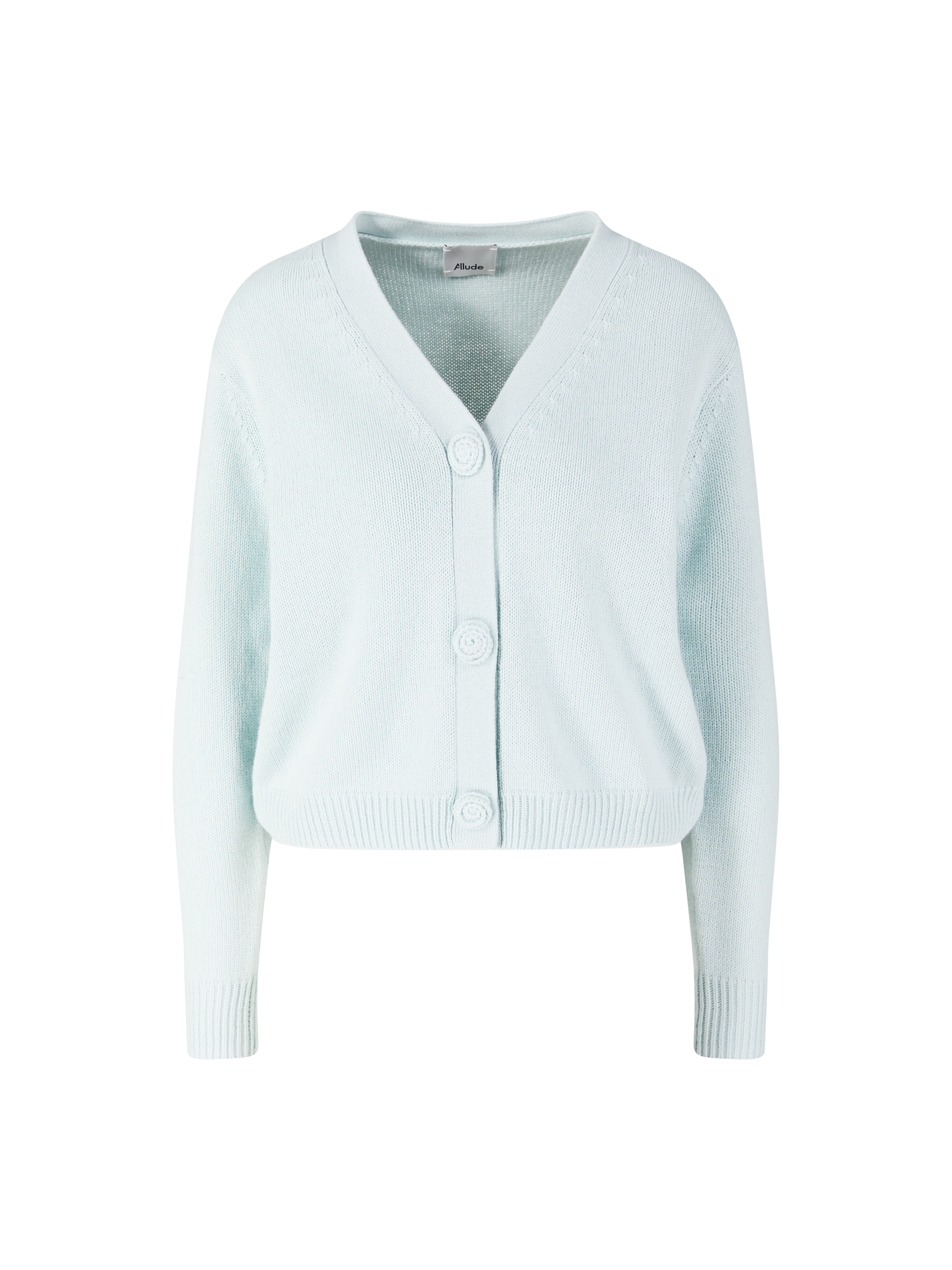Cashmere cardigan with floral button turquoise