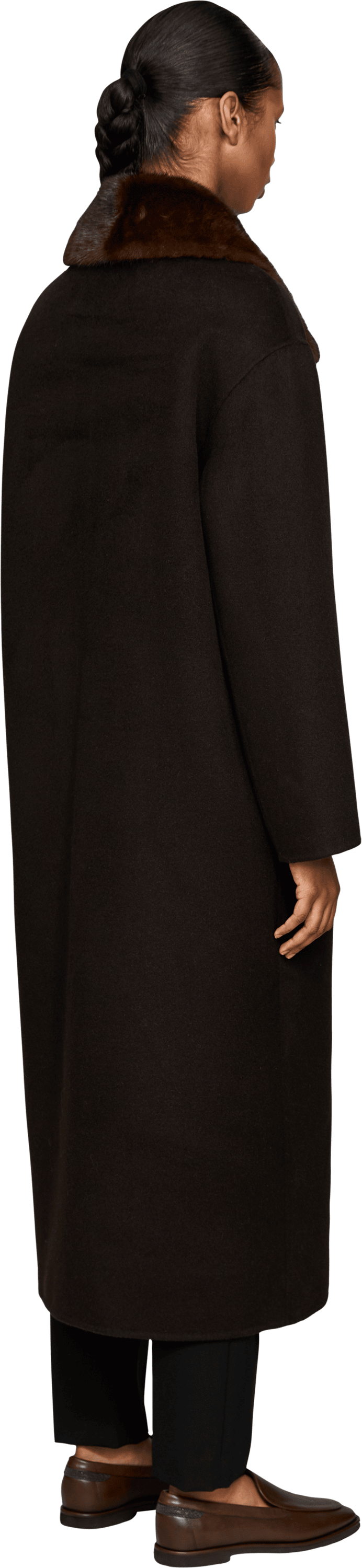 Yves Salomon Langer Woll-Cashmere-Mantel mit Pelzbesatz Dunkelbraun, Rückansicht – UNGER.DE