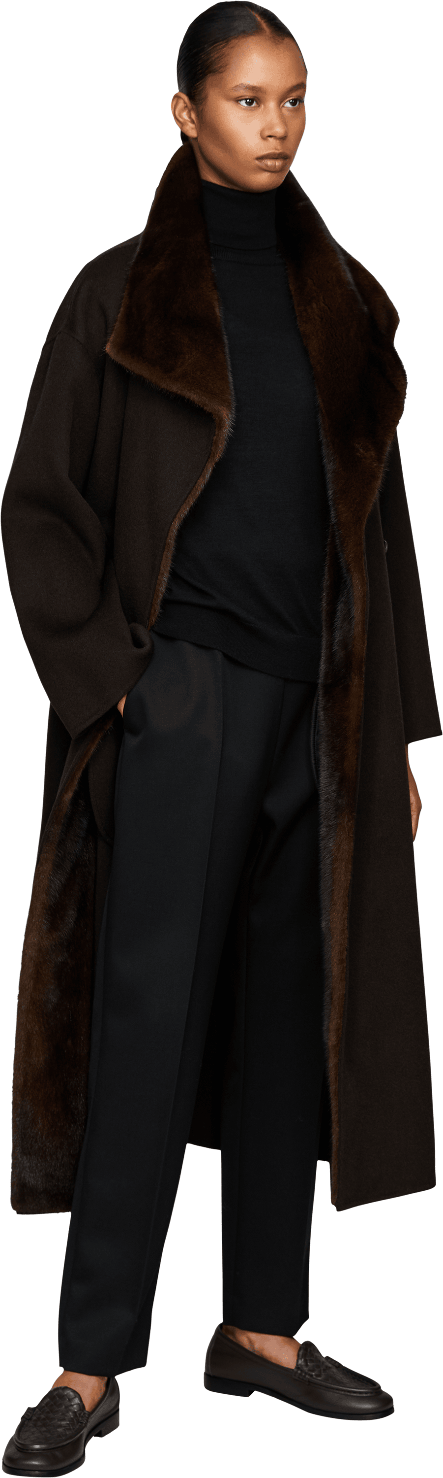 Yves Salomon Woll-Cashmere-Mantel mit Fellkragen Dunkelbraun, Modelansicht – UNGER.DE