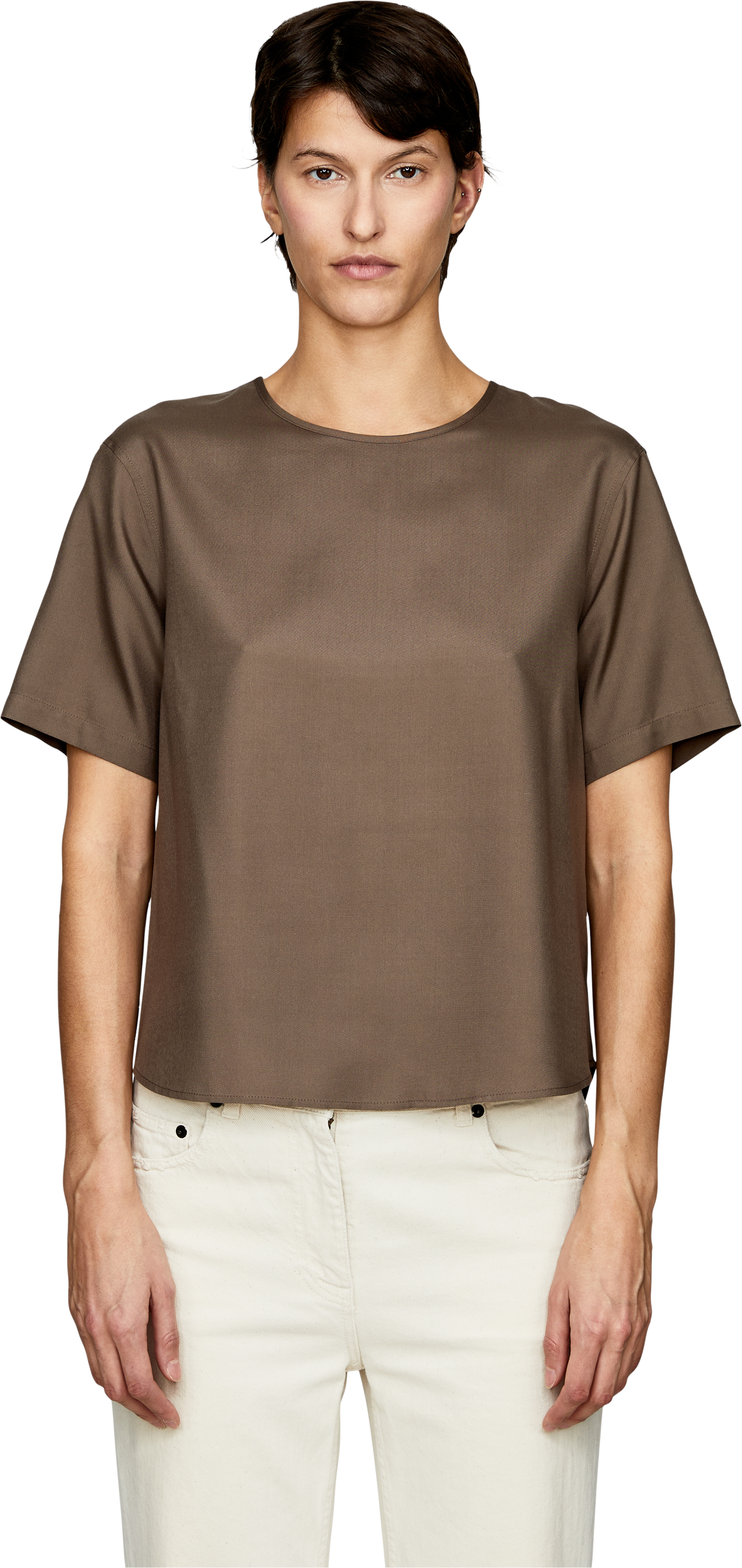 Iris von Arnim 'Narcissa' silk top in taupe, Front view – UNGER.DE