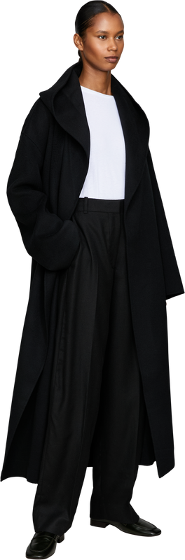 'Hoodie' woollen coat with belt, black