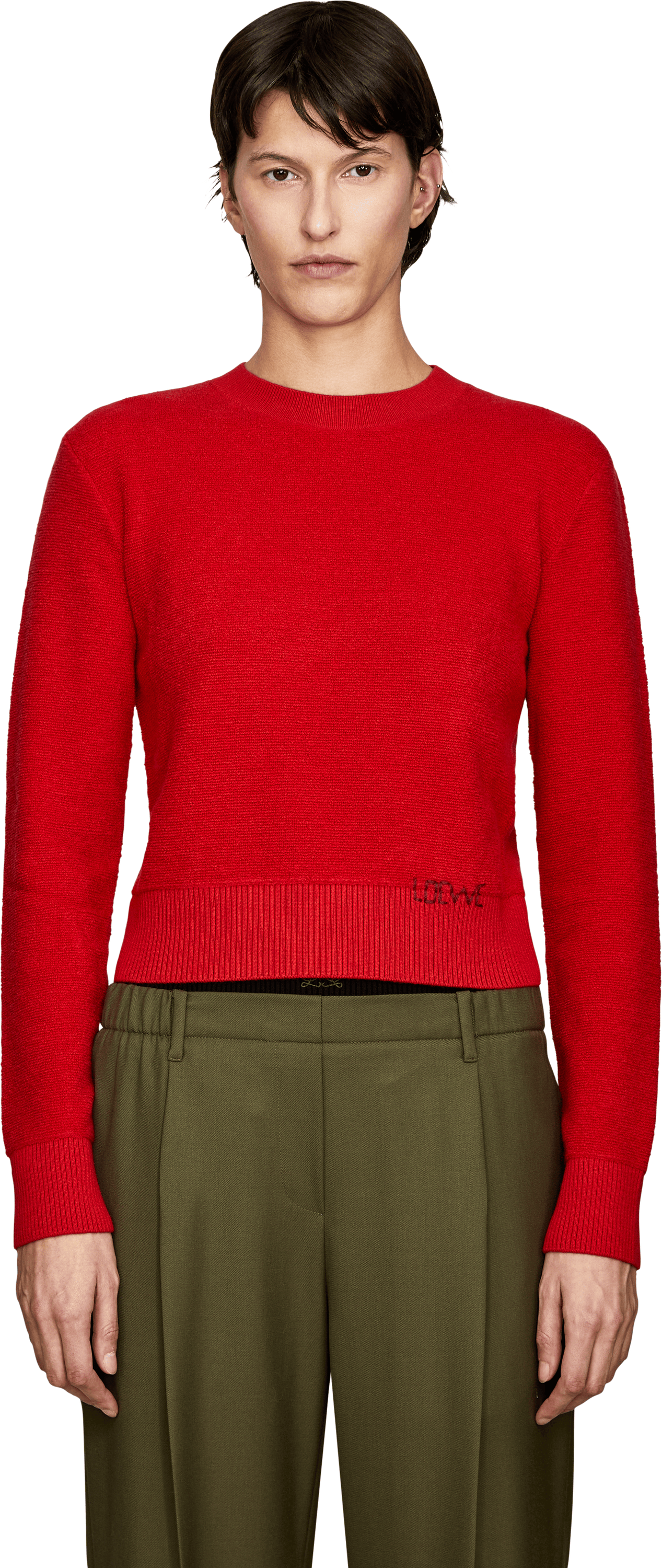 LOEWE Wool jumper with hand-embroidered LOEWE logo red, Front view – UNGER.DE