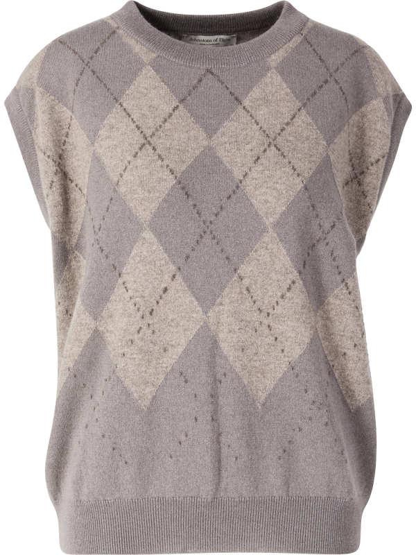 Kurzärmeliger Cashmere-Pullover 'Clan' mit Argyle-Muster Taupe