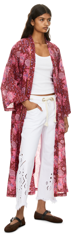 Floraler Voile-Sommermantel mit Taillenband Rot