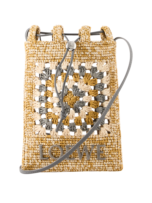 Raffia-Beuteltasche Paula's ibiza mit Häkelmuster Pearl Grey Mustard